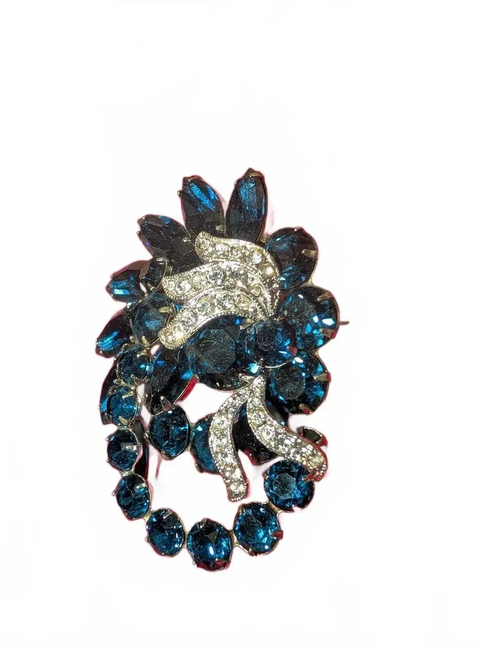 Vintage Eisenberg Blue Rhinestone and Clear Crystal Bow Brooch Pin